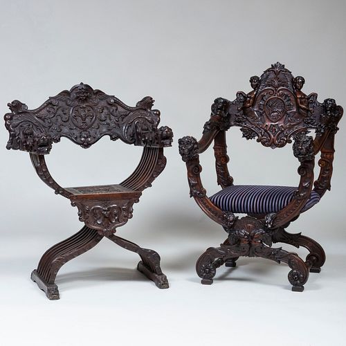 Italian Medieval Style Carved Walnut Savonarola Chair with a Renaissance Style Example