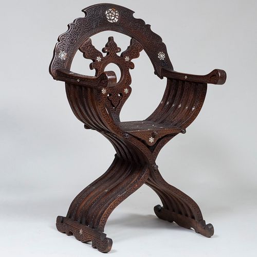 Middle Eastern Medieval Style Mother of Pearl Inlaid Hardwood Savonarola Chair