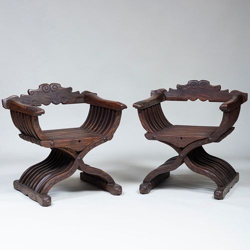 Pair of Italian Medieval Style Stained Wood Savonarola Chairs
