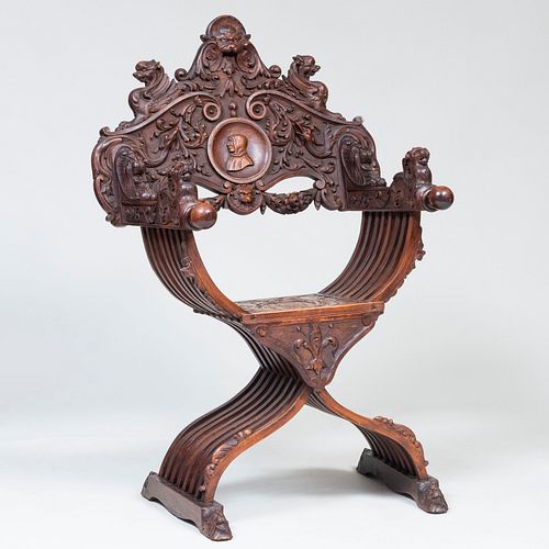 Italian Medieval Style Carved and Stained Wood Savonarola Chair