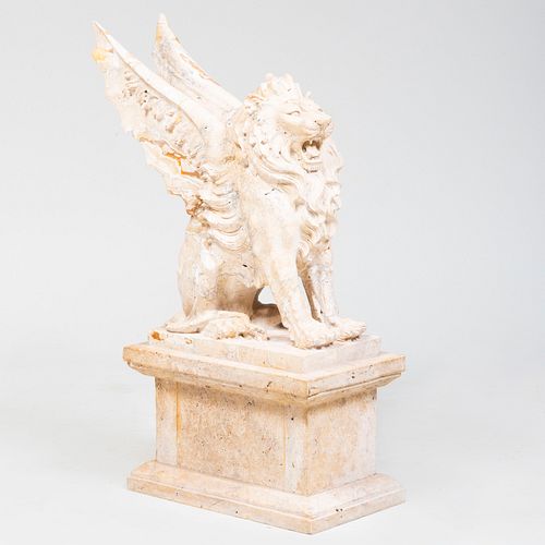 Continental Carved Travertine Model of a Winged Lion 