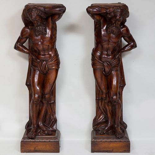 Italian Baroque Style Carved Fruitwood Figural Mantel Supports