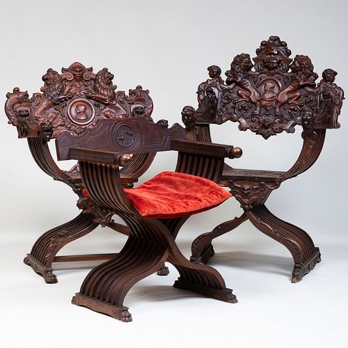 Three Italian Medieval Style Carved Wood Savonarola Chairs