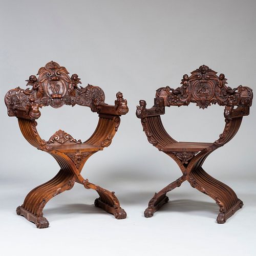 Two Italian Medieval Style Carved Fruitwood Savonarola Chairs