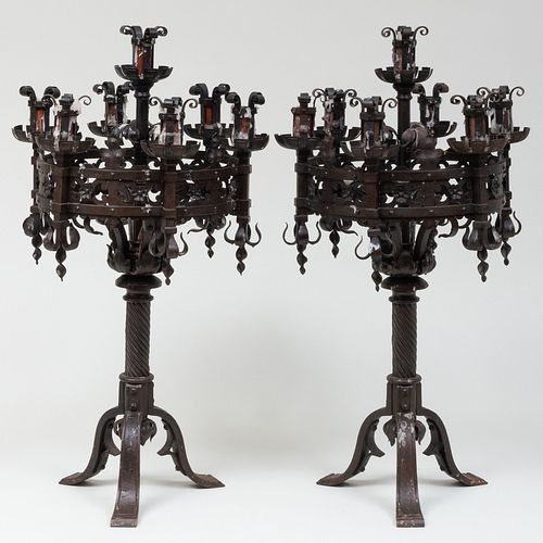 Pair of Neo-Gothic Wrought-Iron Seven-Light Candelabra