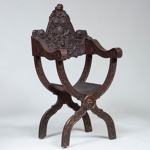 Italian Renaissance Style Carved and Stained Wood Curule Chair