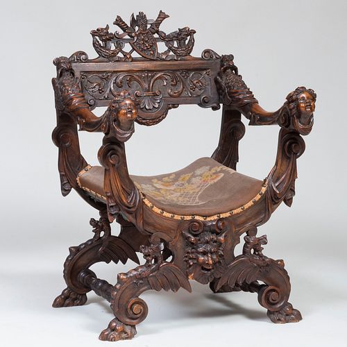 Italian Renaissance Style Carved Walnut and Needlework Curule Chair
