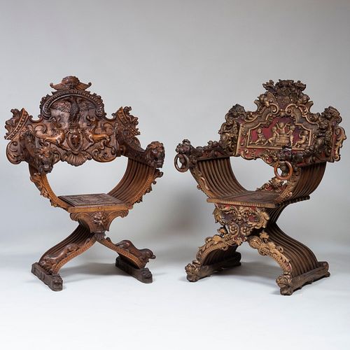 Two Italian Medieval Style Carved Fruitwood Savonarola Chairs