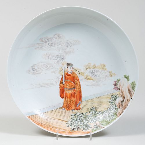 Chinese Famille Rose Porcelain Shallow Dish Decorated with an Official