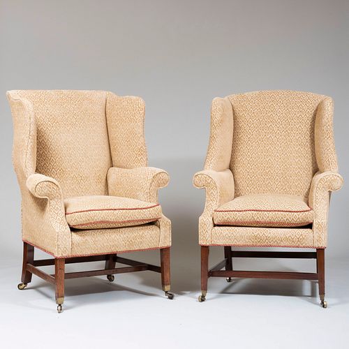Near Pair of George III Style Mahogany and Upholstered Wing Chairs
