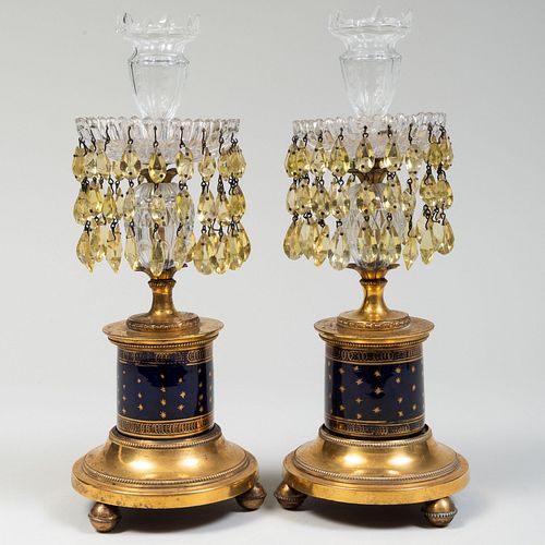Pair of Gilt-Decorated Cobalt Glass and Glass Lusters