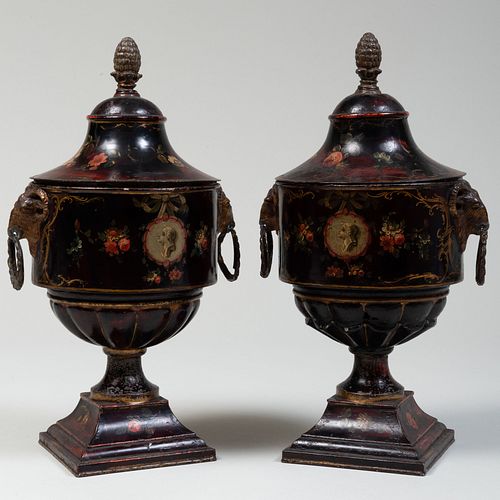 Pair of TÃ´le Urns and Covers