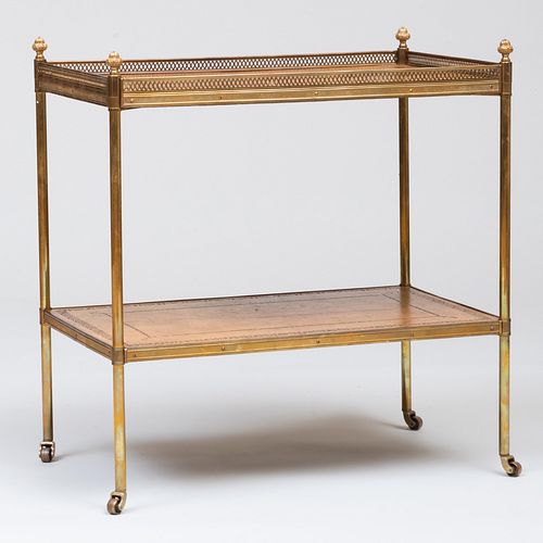 Modern Brass-Mounted Leather Two Tier Table