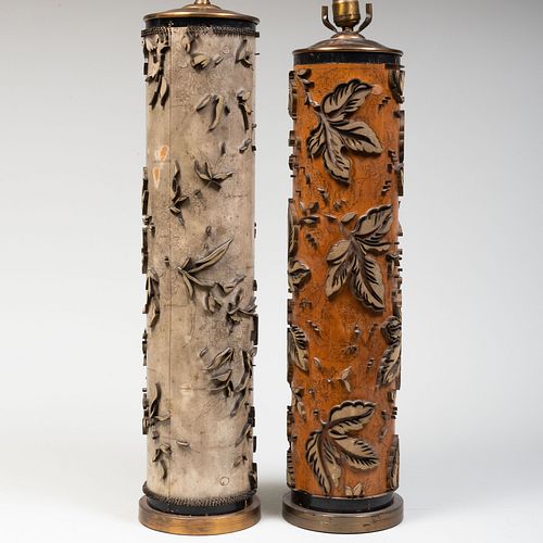 Two Victorian Carved Wood Wall Paper Rollers Mounted as Lamps