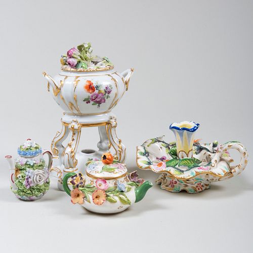 Group of Four Porcelain Flower Encrusted Wares