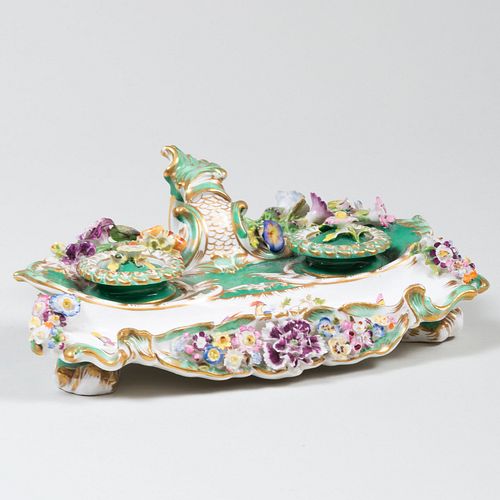 Porcelain Flower Encrusted Inkstand, Possibly English