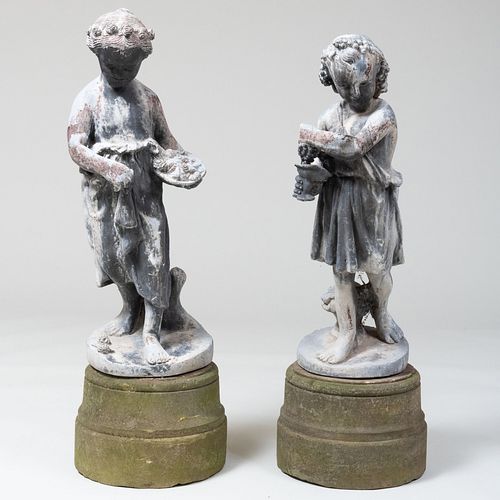 Two Lead Garden Figures on Composition Stands