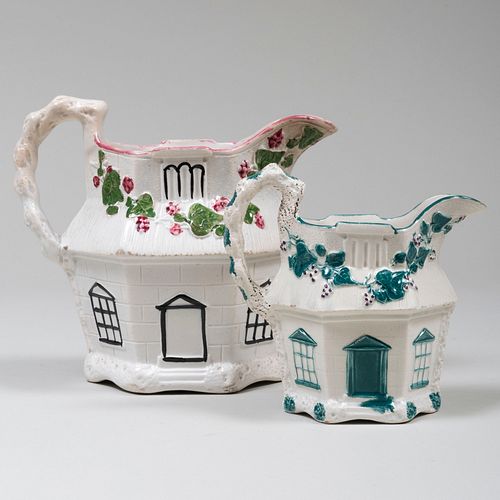 Two Staffordshire House Form Jugs
