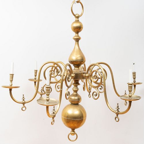 Large Dutch Baroque Style Brass Six-Light Chandelier