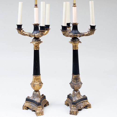 Pair of Empire Ormolu and Bronze Four-Light Candelabra Mounted as Table Lamps