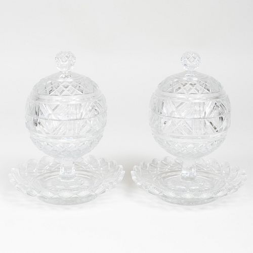Pair of Cut Glass Sweetmeat Dishes, Covers and Underplates