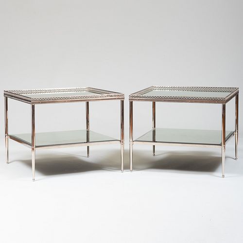 Pair of Plated Metal and Mirrored Two Tier Square Tables