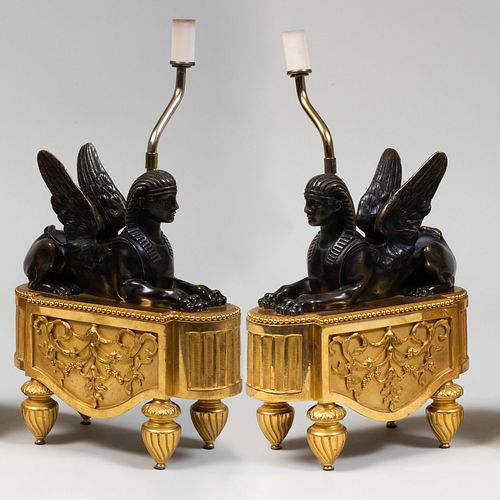 Pair of Empire Style Patinated and Gilt Bronze Chenets Mounted as Lamps