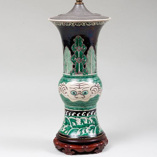 Chinese Famille Noir Porcelain Gu Shaped Vase Mounted as a Lamp