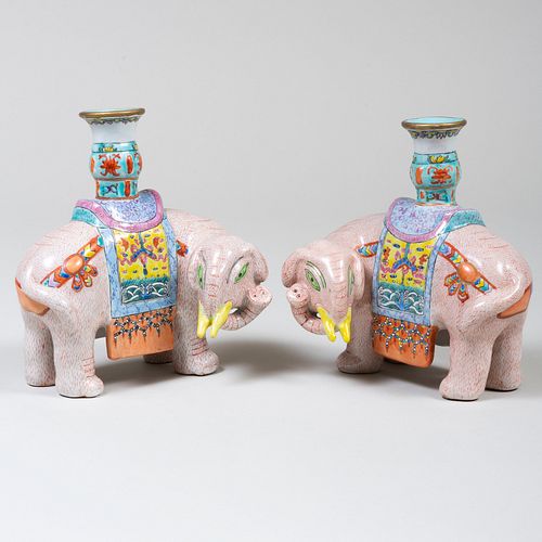 Pair of Chinese Export Style Porcelain Elephant Form Candlesticks