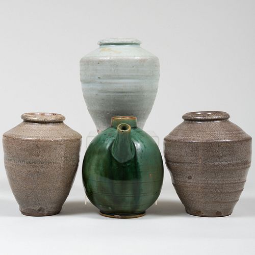 Three Chinese Celadon and Crackle Glazed Jars