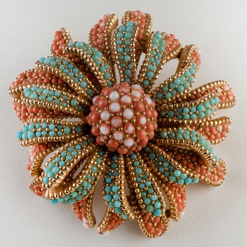 Ciner Faux Turquoise and Coral Floral Brooch