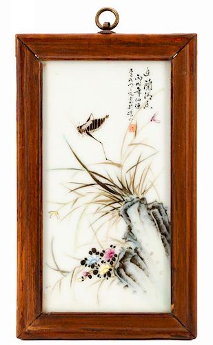 Chinese Hand Painted Porcelain Plaque, Grasshopper