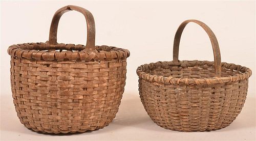 Two Antique Woven Oak Splint Market Baskets.