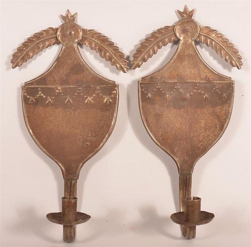 Late 19th C. Punched Tin Shield Candleholders