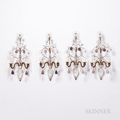 Set of Four Rock Crystal-ornamented Two-light Sconces