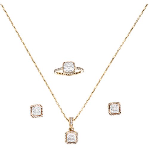SET OF NECKLACE, PENDANT, RING AND PAIR OF STUD EARRINGS WITH SIMULANTS IN 14K YELLOW GOLD, PANDORA | JUEGO DE COLLAR, PENDIENTE, ANILLO Y PAR DE BROQ
