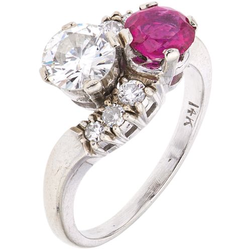 RING WITH RUBY AND DIAMONDS IN 14K WHITE GOLD 1 Round cut ruby ~0.75 ct, 1 Brilliant cut diamond ~0.90 ct. Size: 6 ¾ | ANILLO CON RUBÍ Y DIAMANTES EN 