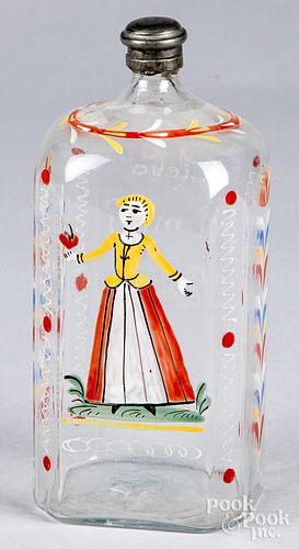 Stiegel type enamel decorated glass flask
