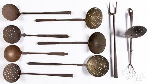 Group of wrought iron and brass utensils, 19th c.