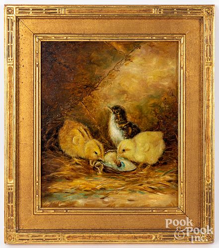 Oil on board of three chicks, early 20th c.