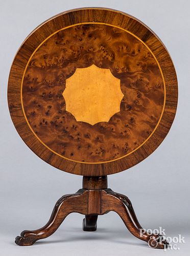 Miniature Chippendale style inlaid burl tea table