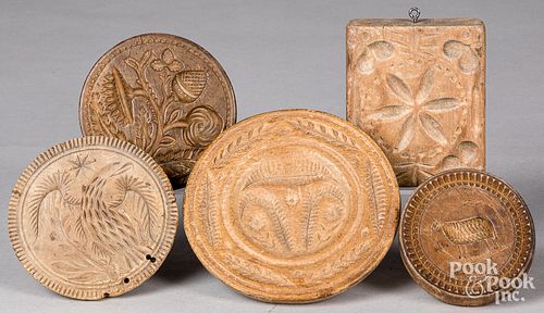 Five carved butter prints, 19th c.