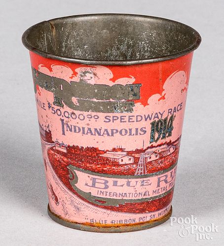 Indy 500 tin lithograph advertising souvenir cup