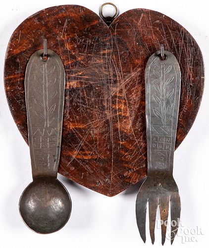 Tin wedding spoon and fork, dated 1849