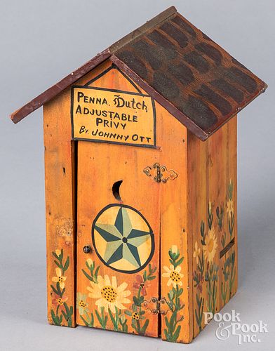 Johnny Ott painted wood outhouse bank, mid 20th c.