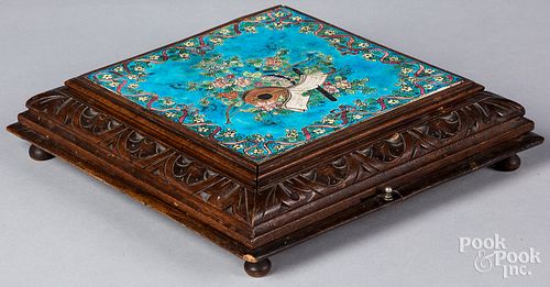 French music box trivet, with faince tile, 19th c.