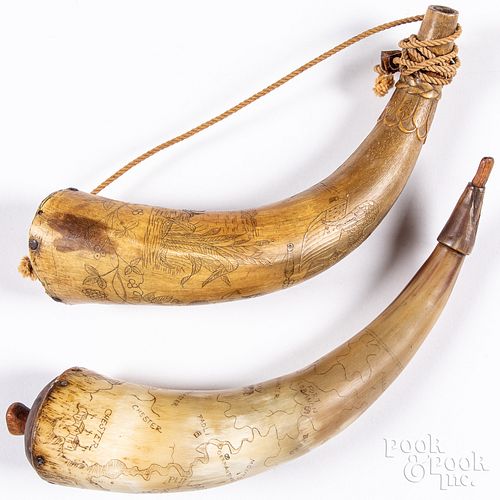 Two contemporary scrimshaw powder horns