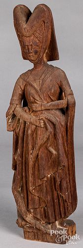 Carved oak figure of a European woman in bonnet