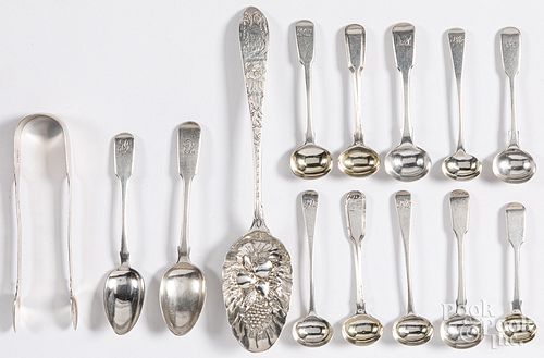 English silver tea caddy spoons, sugar tongs, etc.