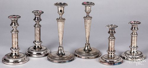 Three pairs of Sheffield silver plate candlesticks